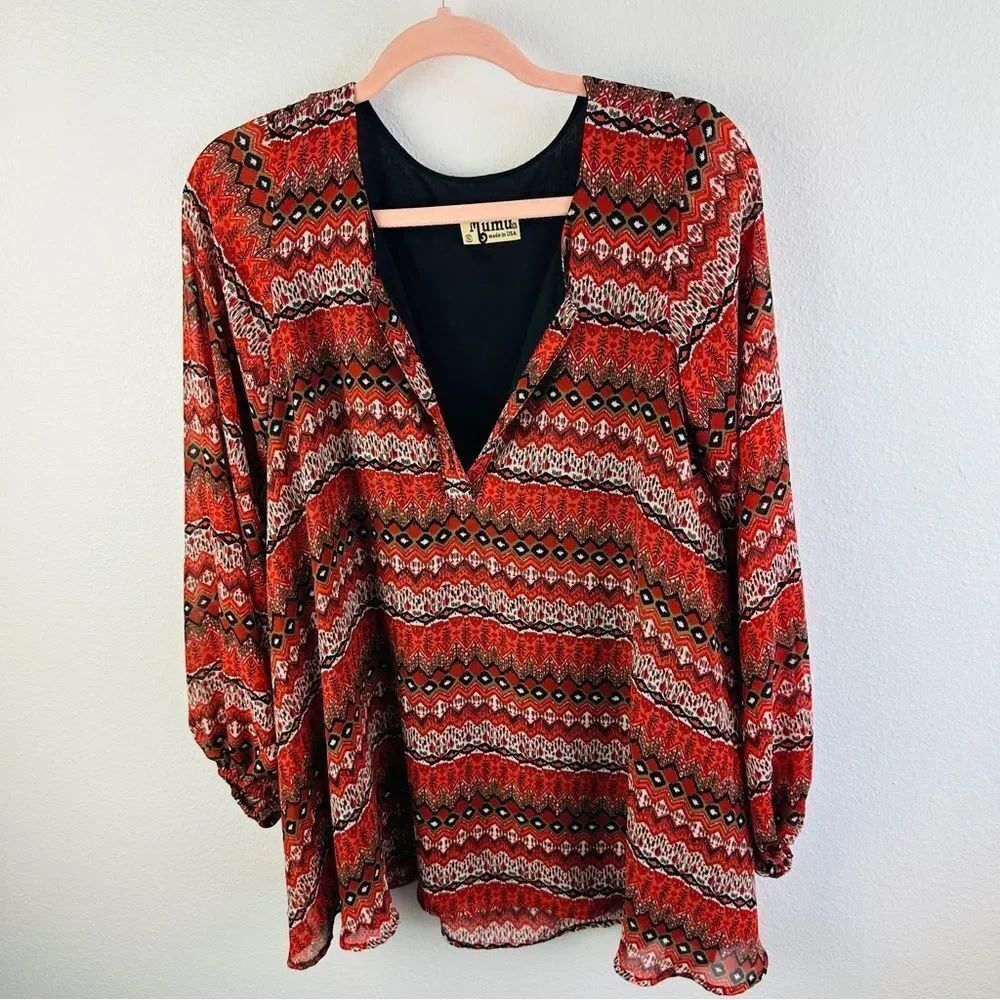 Show Me Your Mumu Long Sleeve Orange Brown White Boho Lined Blouse Size S